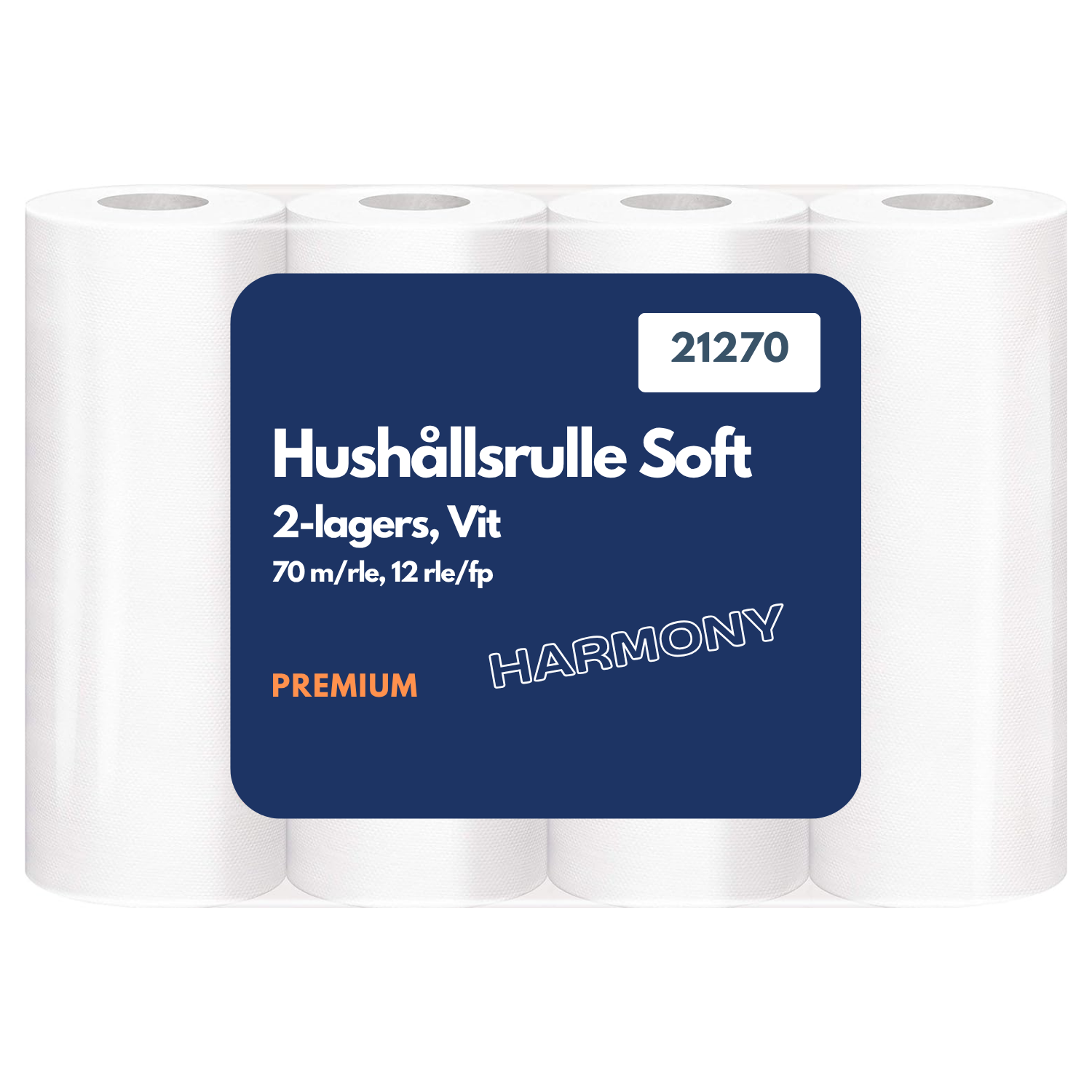 Förpackning med 12 stycken vita XL Premium hushållsrullar på 70 meter för effektiv städning.
