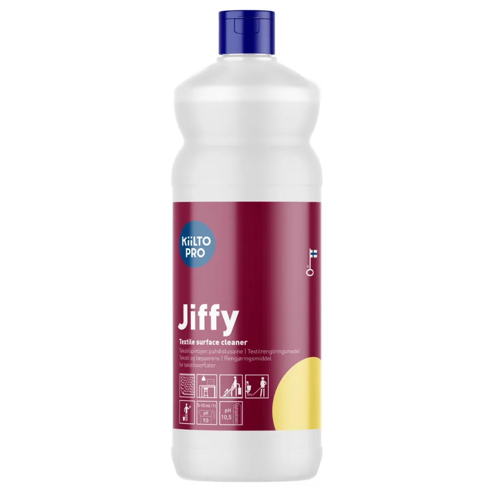 Kiilto Pro Jiffy 1L flaska för professionell mattrengöring och textiltvätt.