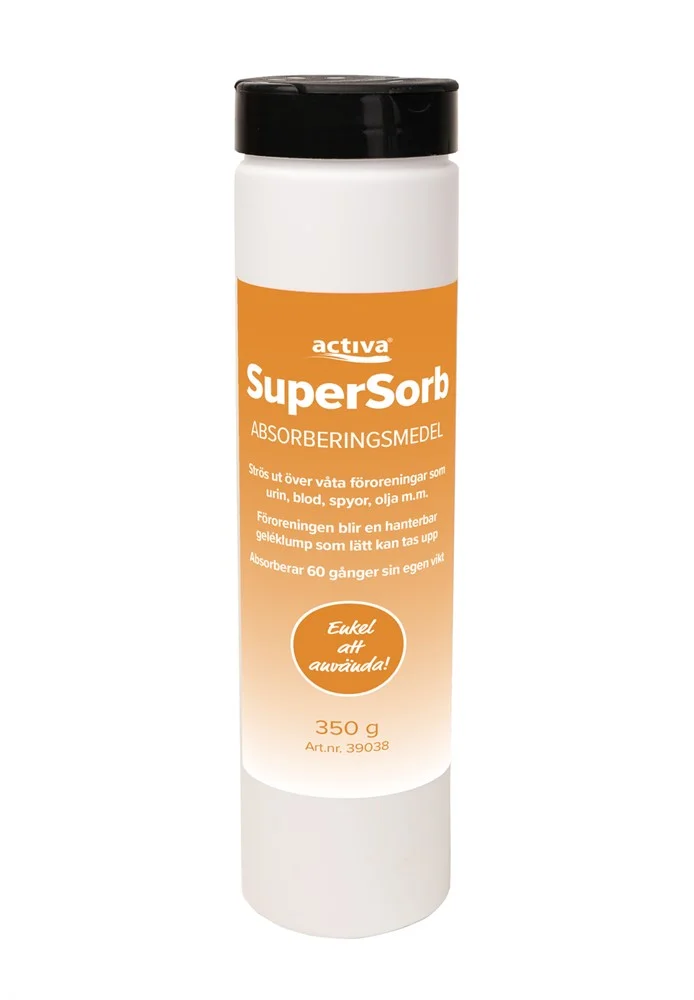 Activa SuperSorb 350g flaska med absorberingspulver för sanering av spyor och vätskespill