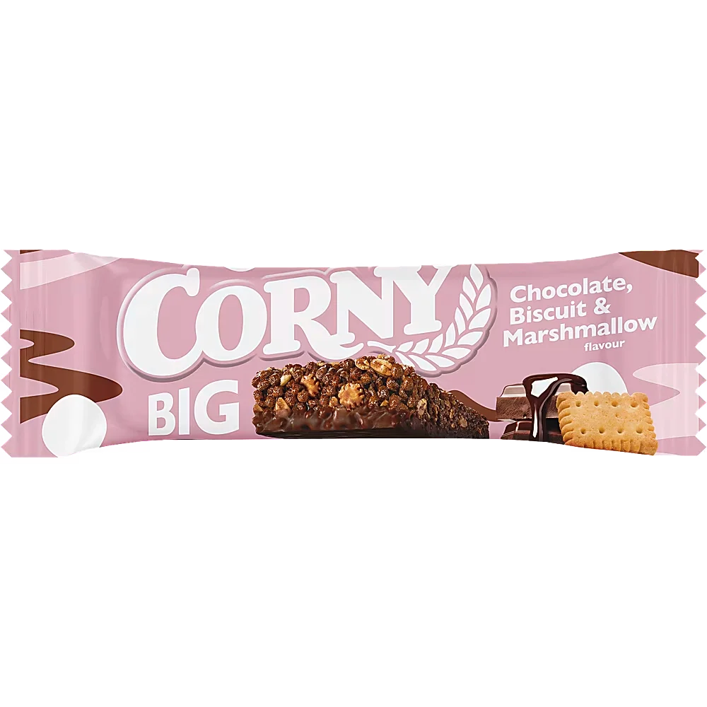 Ett 24-pack med Corny Big Biscuit Marshmallow i 40 grams portionsförpackningar med müslibarer med kexbitar, marshmallows och mjölkchoklad.