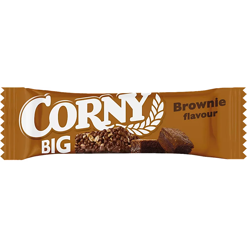 Ett 24-pack med Corny Big Brownie i 50 grams portionsförpackningar med chokladmüslibarer innehållande chokladbitar.