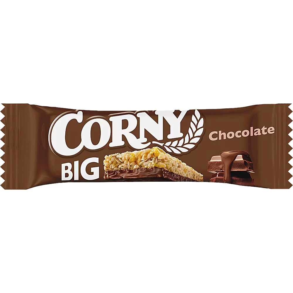 Ett 24-pack med Corny Big Chocolate i 50 grams portionsförpackningar med krispiga müslibarer med mjölkchoklad.