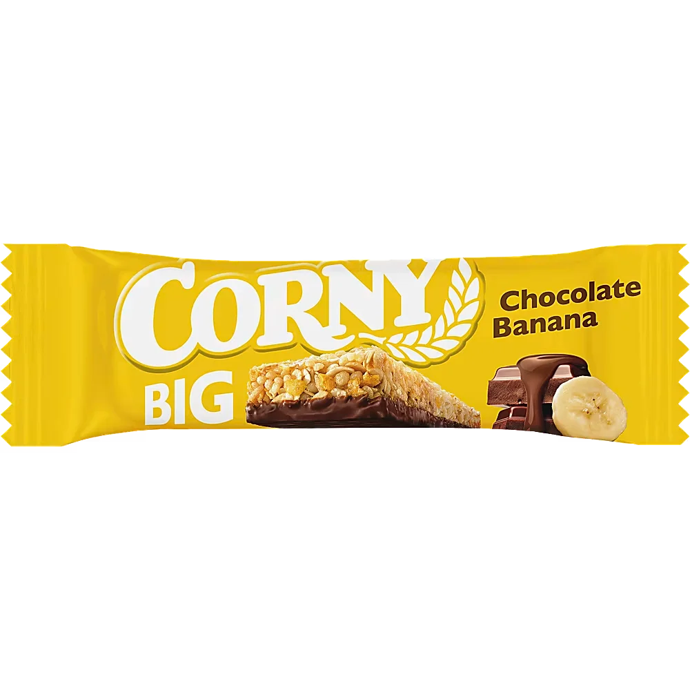Ett 24-pack med Corny Big Chocolate-Banana i 50 grams portionsförpackningar med chokladmüslibarer innehållande torkade bananbitar.