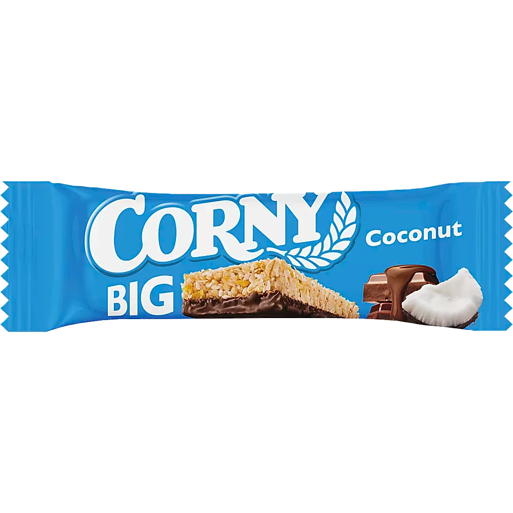Ett 24-pack med Corny Big Coconut i 50 grams portionsförpackningar med chokladmüslibarer innehållande saftiga kokosflingor.