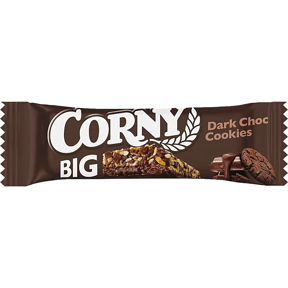 Ett 24-pack med Corny Big Dark Choc-Cookies i 50 grams portionsförpackningar med mörka chokadmüslibarer innehållande kakaokexbitar.