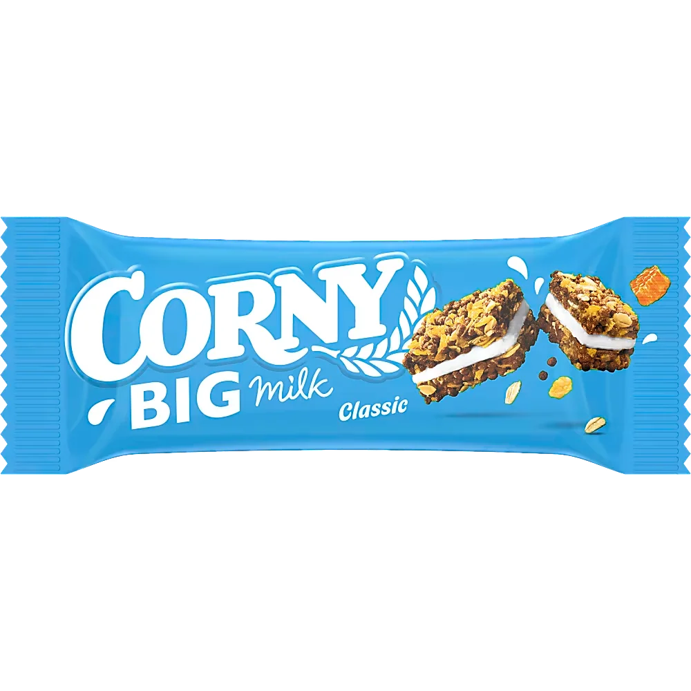 Ett 24-pack med Corny Big Milk Classic i 40 grams portionsförpackningar med müslibarer med krämig mjölkfyllning och fullkornsflingor.