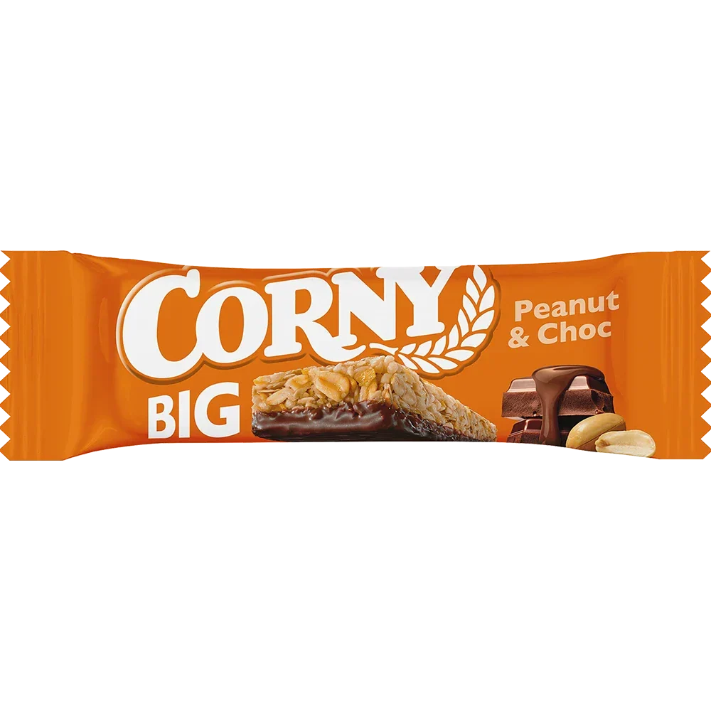 Ett 24-pack med Corny Big Peanut-Chocolate i 50 grams portionsförpackningar med müslibarer med krispiga jordnötter och mjölkchoklad.