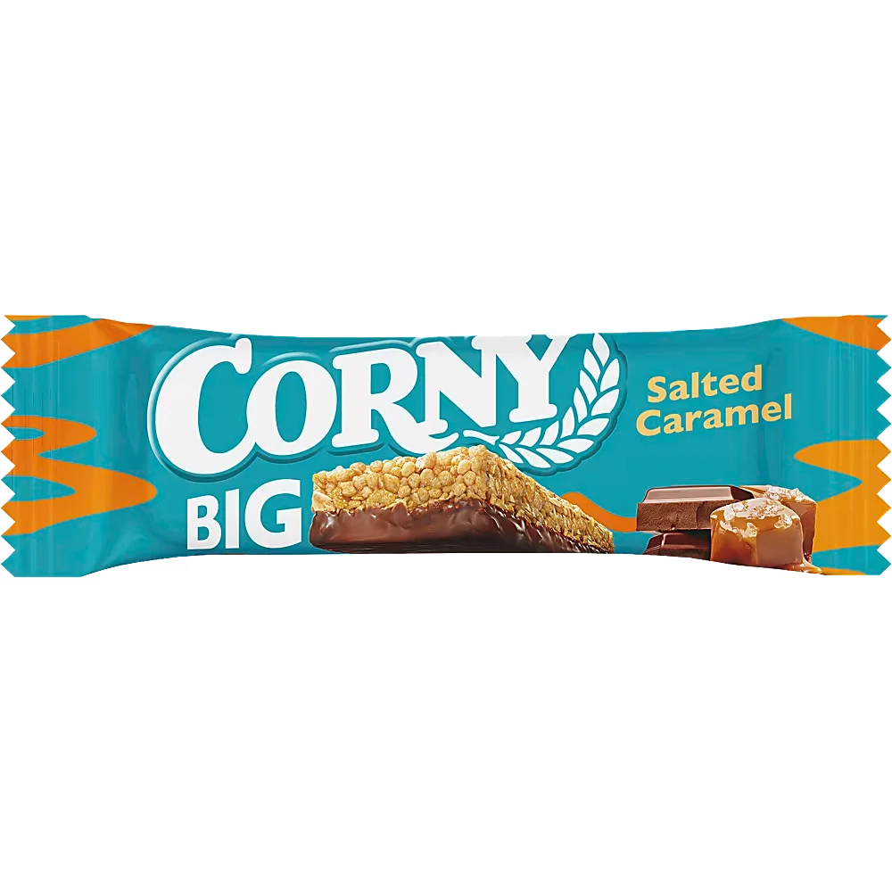 Ett 24-pack med Corny Big Salted Caramel i 40 grams portionsförpackningar med müslibarer med mjuk karamell, saltflingor och mjölkchoklad.