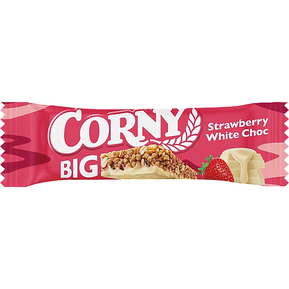 Ett 24-pack med Corny Big Strawberry White Chocolate i 40 grams portionsförpackningar med müslibarer med jordgubbsbitar och vit choklad.