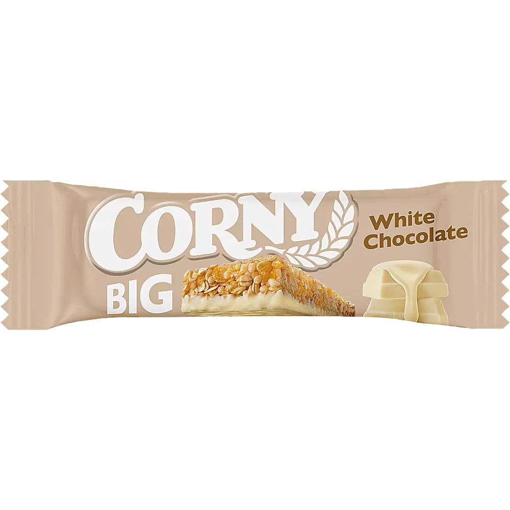 Ett 24-pack med Corny Big White Chocolate i 40 grams portionsförpackningar med müslibarer med fullkornsflingor och krämig vit choklad.