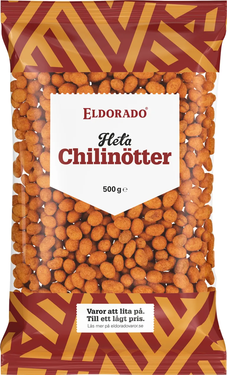En påse Eldorado Chilinötter på 500 gram fylld med rödbruna, krispiga chilikryddade jordnötter.