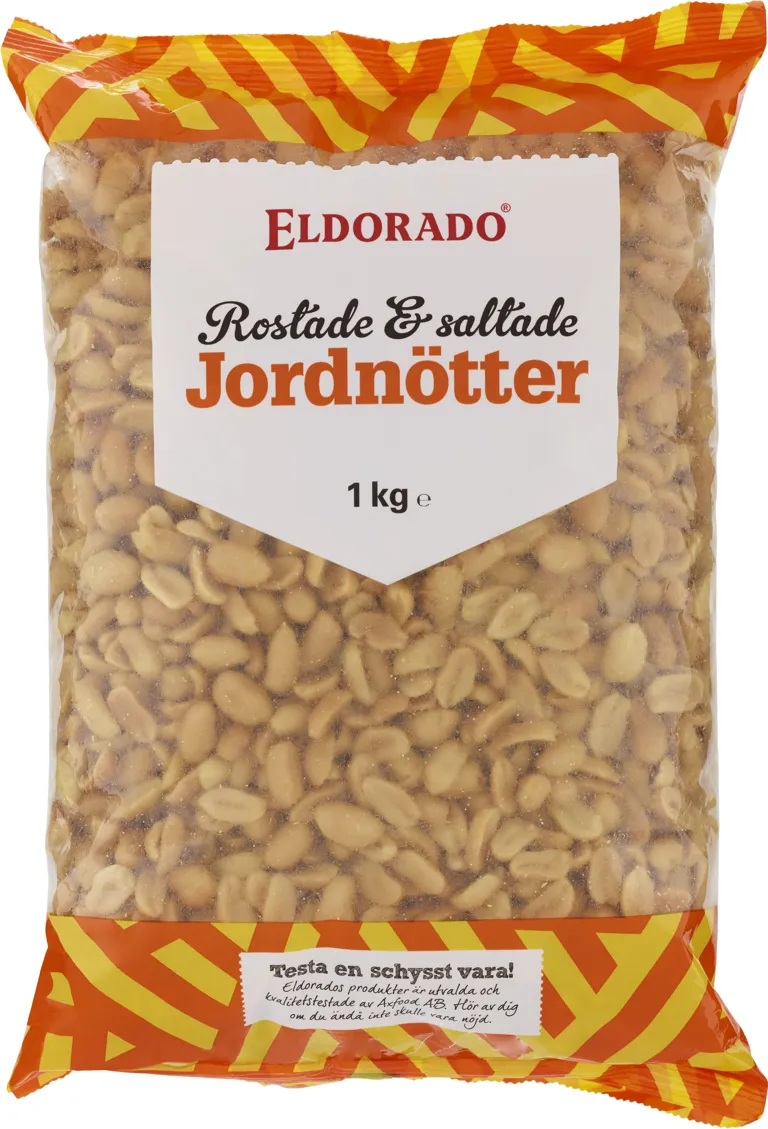 En påse Eldorado Rostade och Saltade Jordnötter på 1 kilo fylld med gyllenbruna och saltade jordnötskärnor.