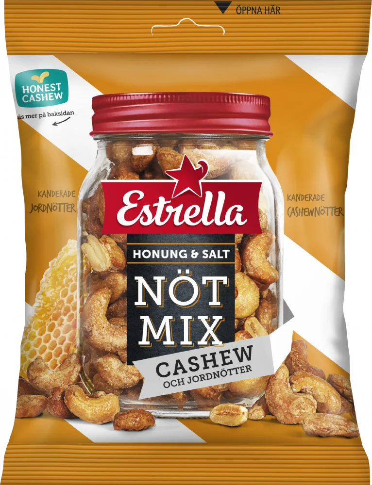 Ett 11-pack med Estrella Nötmix Honung och Salt i 175 grams påsar innehållande en söt och salt blandning av honungsrostade jordnötter och cashewnötter.