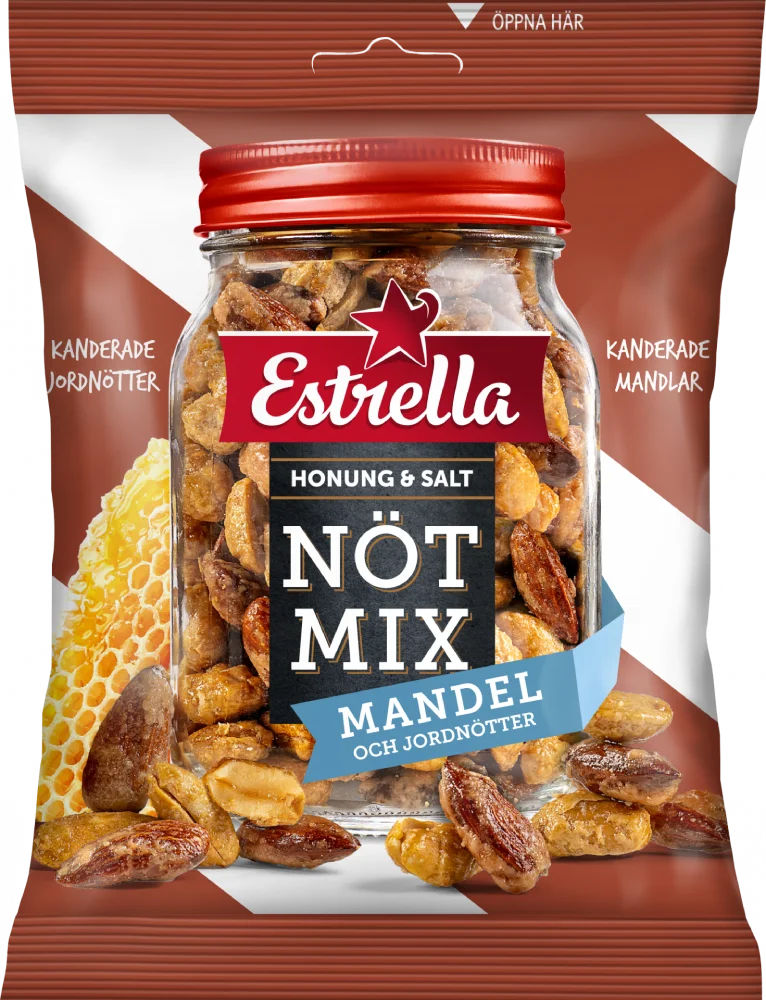 Ett 11-pack med Estrella Nötmix Honung och Salt Mandel i 175 grams påsar innehållande en söt och salt blandning av honungsrostade jordnötter och mandlar.