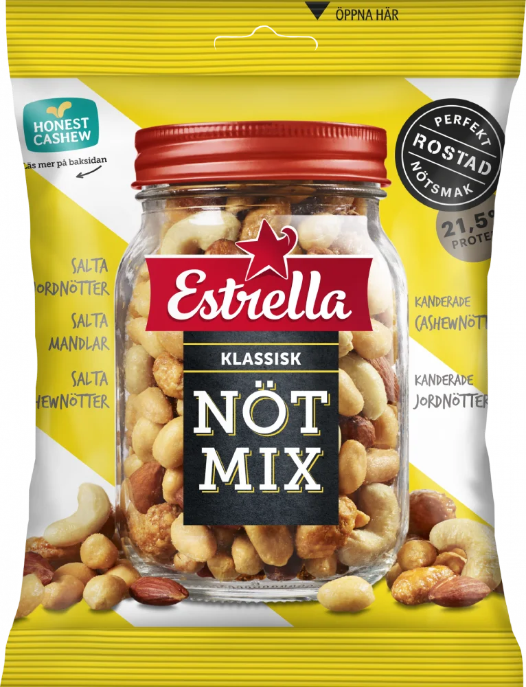 Ett 11-pack med Estrella Nötmix Klassisk i 200 grams påsar innehållande en lätt saltad blandning av jordnötter, cashewnötter, jumbomandlar och jättepecannötter.
