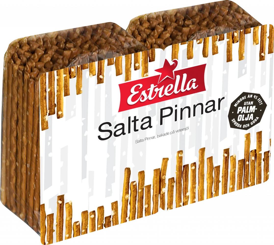 Ett 20-pack med Estrella Salta Pinnar i 175 grams påsar innehållande ugnsbakade, spröda och saltade salta pinnar.