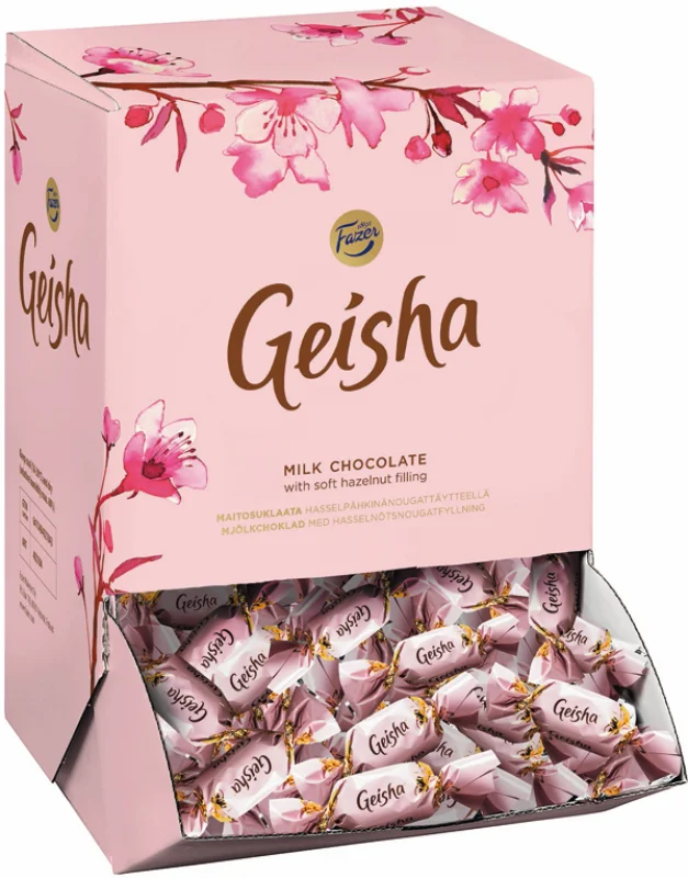 En 3 kilos förpackning med individuellt inslagna rosa Fazer Geisha chokladpraliner med krispig hasselnötsnougat.