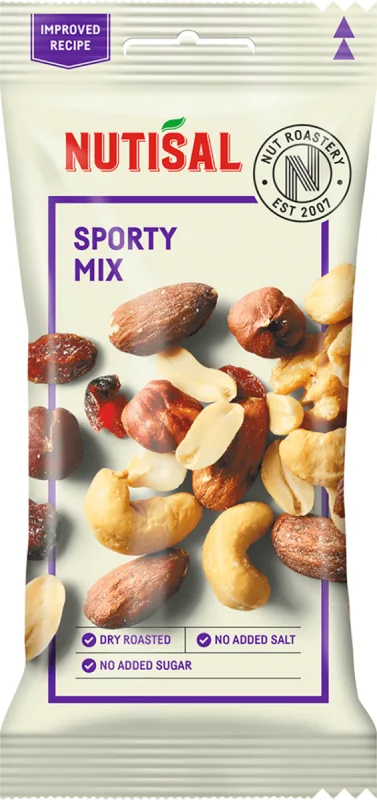 Ett 14-pack med Nutisal Sporty Mix i 60 grams portionspåsar innehållande en osaltad blandning av torrostade nötter och torkad frukt.