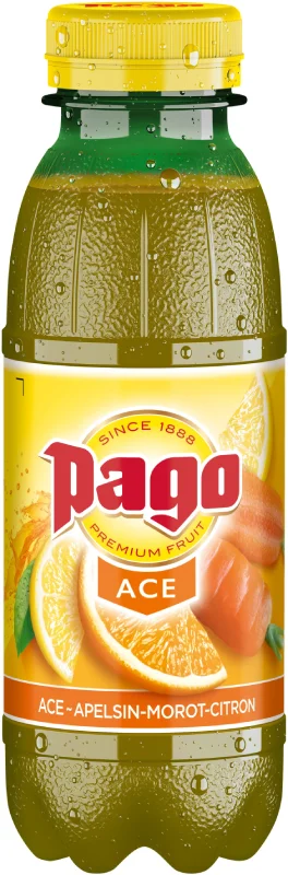 Ett 12-pack med Pago Apelsin, Morot och Citron ACE fruktdryck i 33 centiliters gröna glasflaskor.