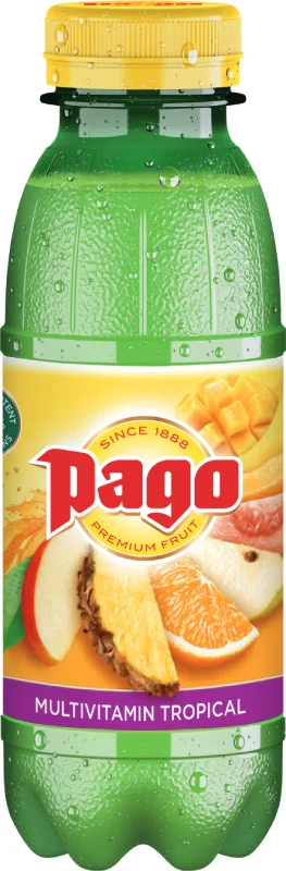 Ett 12-pack med Pago Multivitamin Tropical fruktdryck i 33 centiliters gröna glasflaskor.