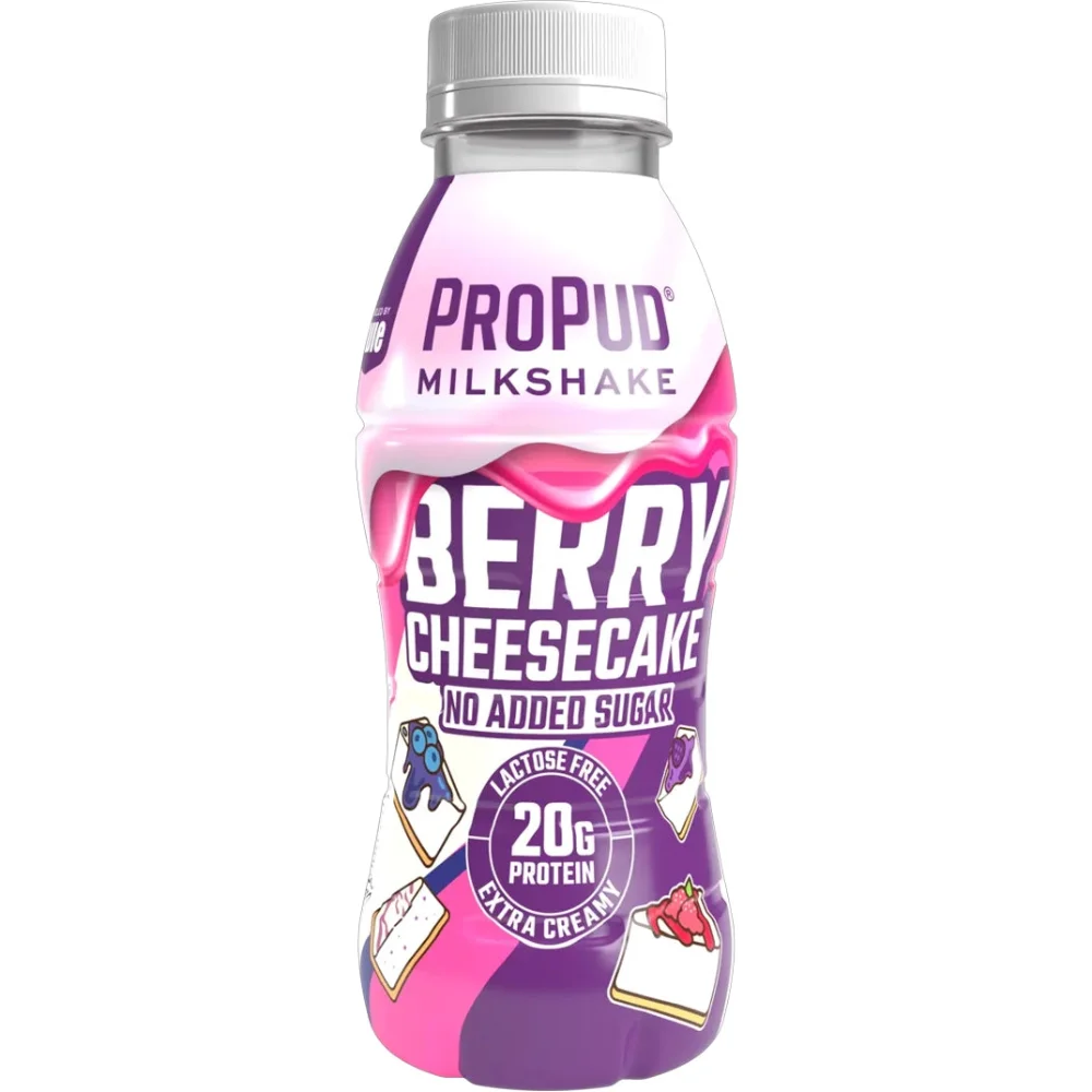 Ett 8-pack med Propud Milkshake Berry Cheesecake i 330 milliliters flaskor med proteinrik och laktosfri milkshake med smak av bär och cheesecake.