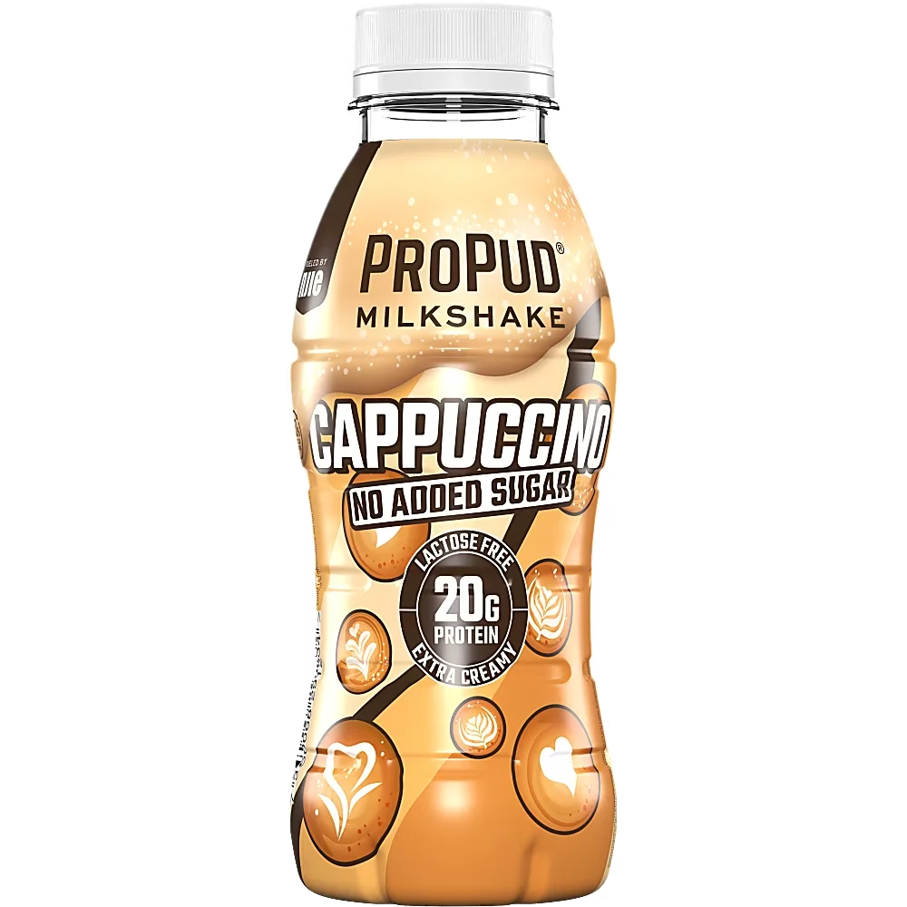 Ett 8-pack med Propud Milkshake Cappuccino i 330 milliliters flaskor med proteinrik och laktosfri milkshake med smak av cappuccino.