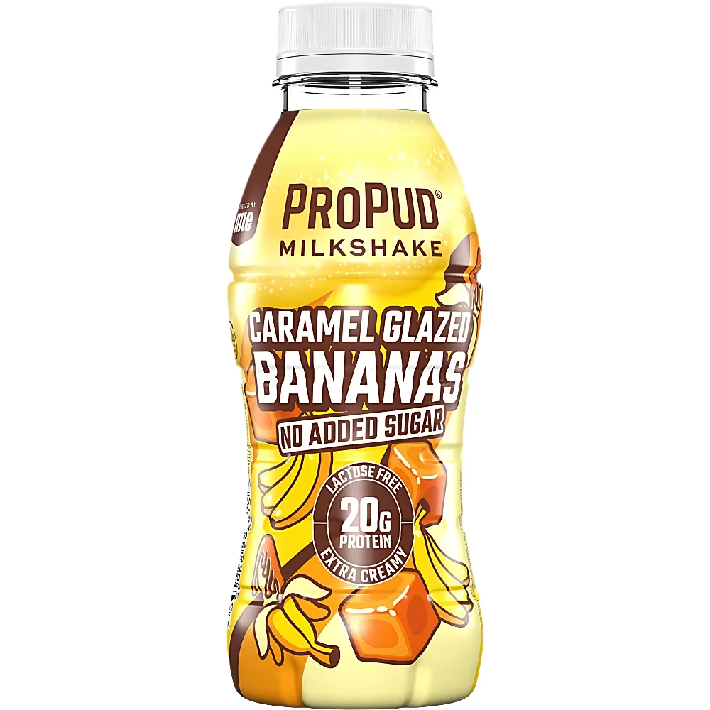 Ett 8-pack med Propud Milkshake Caramel Glazed Bananas i 330 milliliters flaskor med proteinrik och laktosfri milkshake med smak av banan och karamell.