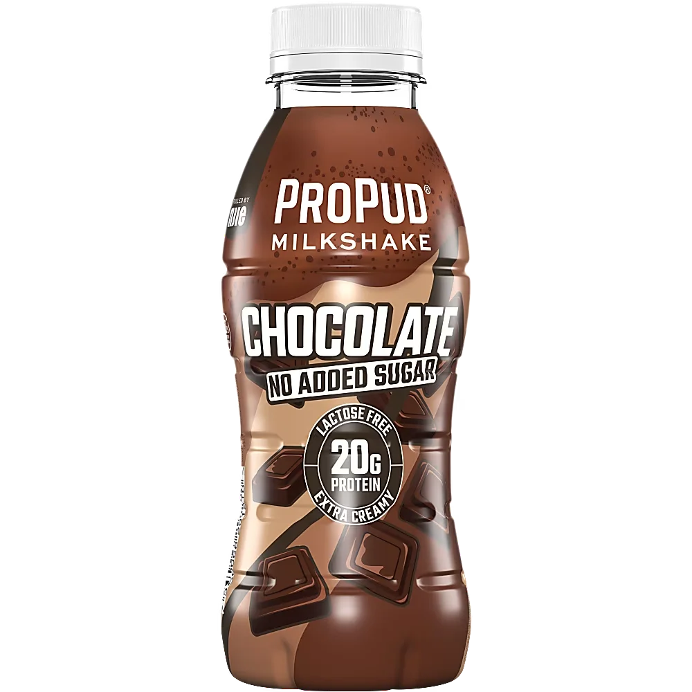 Ett 8-pack med Propud Milkshake Chocolate i 330 milliliters flaskor med proteinrik och laktosfri milkshake med smak av fyllig choklad.