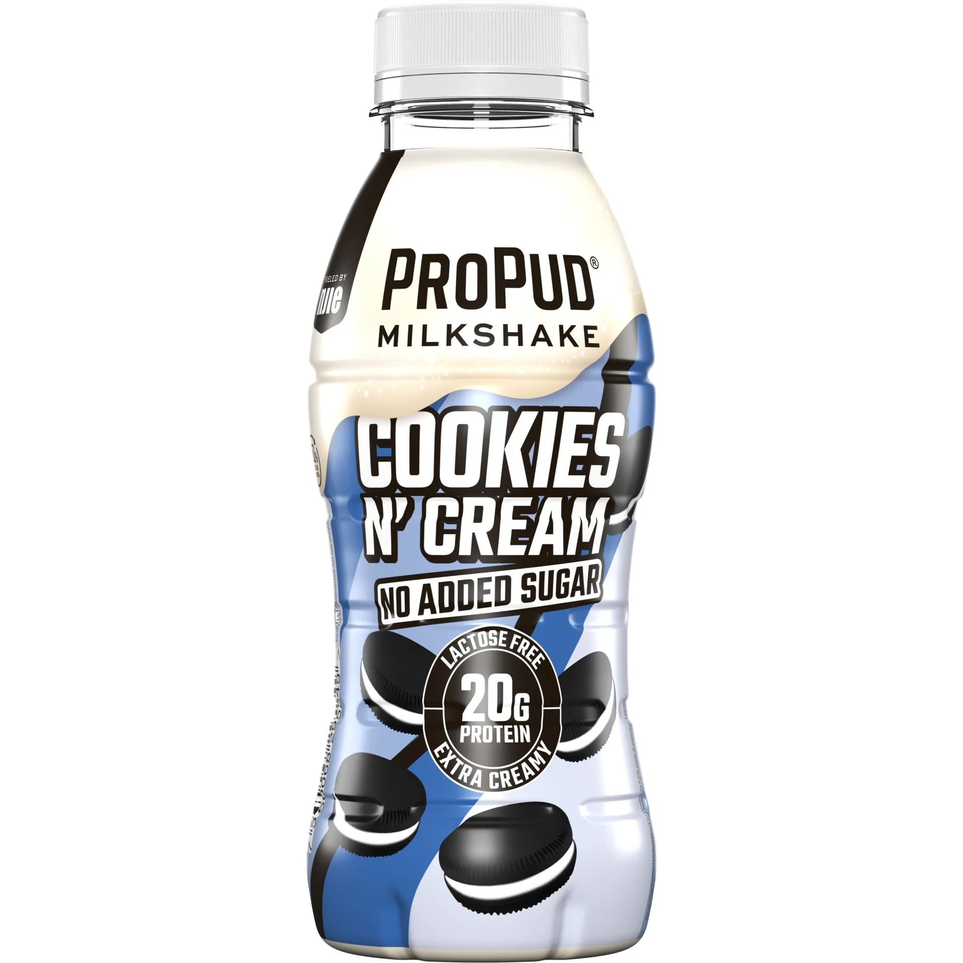 Ett 8-pack med Propud Milkshake Cookies and Cream i 330 milliliters flaskor med proteinrik och laktosfri milkshake med smak av chokladkex och vanilj.