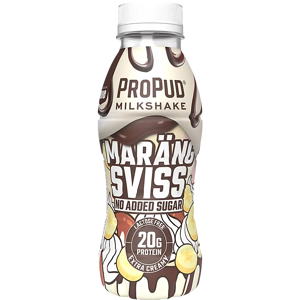 Ett 8-pack med Propud Milkshake Marängsviss i 330 milliliters flaskor med proteinrik och laktosfri milkshake med smak av banan, vanilj, choklad och maräng.