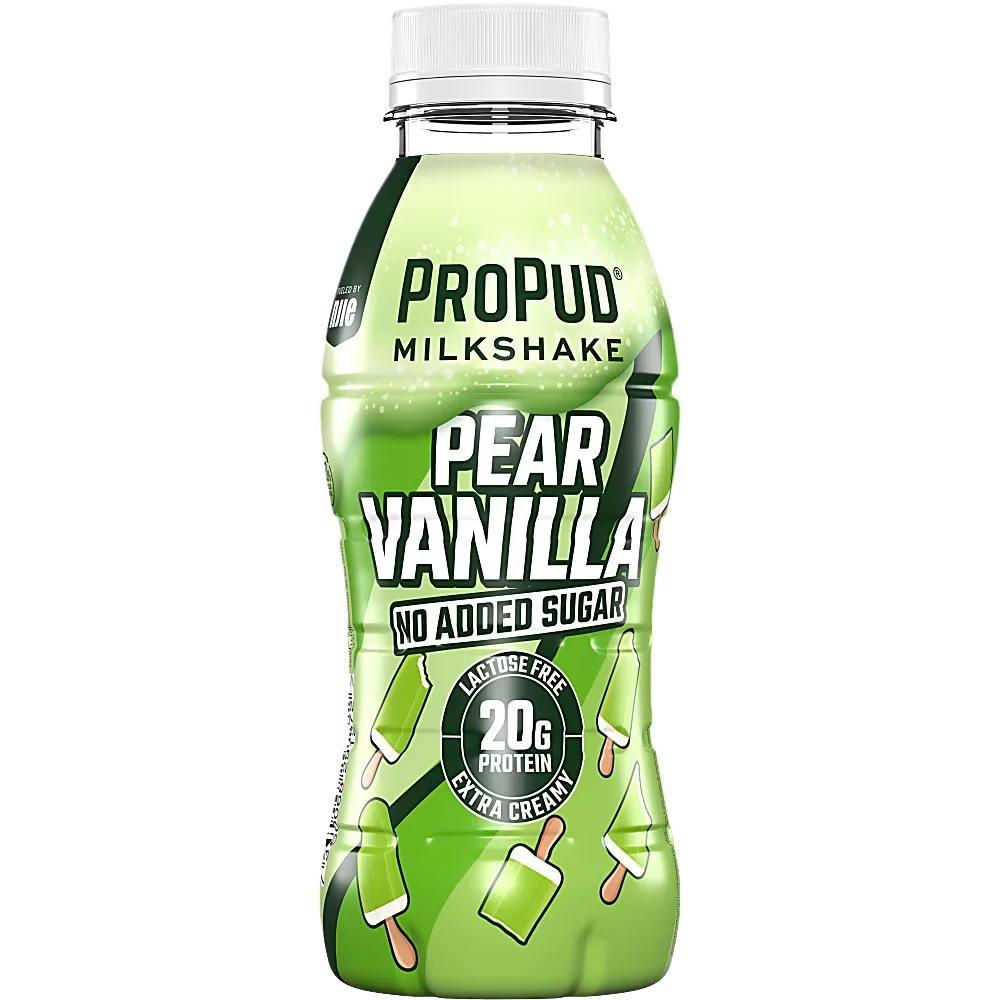 Ett 8-pack med Propud Milkshake Pear Vanilla i 330 milliliters plastflaskor innehållande proteinrik, laktosfri päronsmakande milkshake med vanilj.
