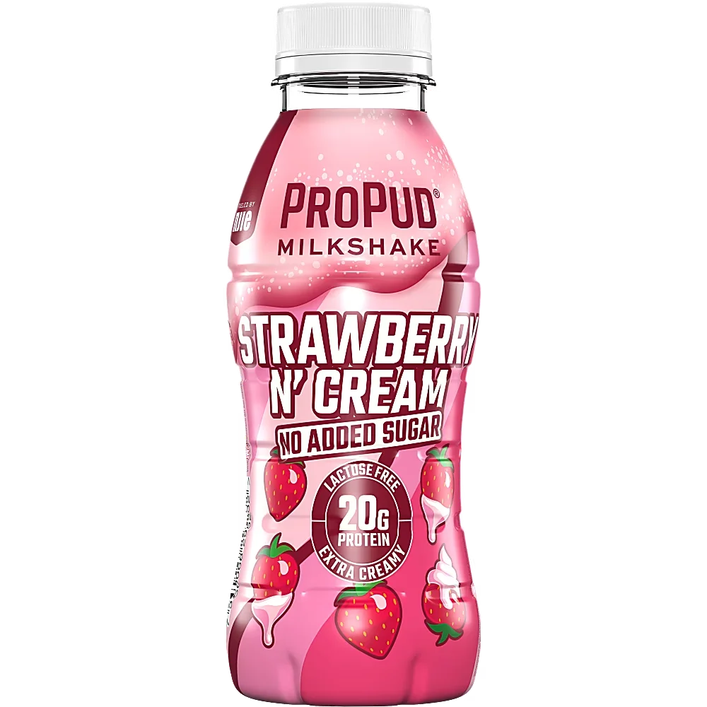 Ett 8-pack med Propud Milkshake Strawberry i 330 milliliters flaskor med proteinrik och laktosfri milkshake med smak av somriga jordgubbar.