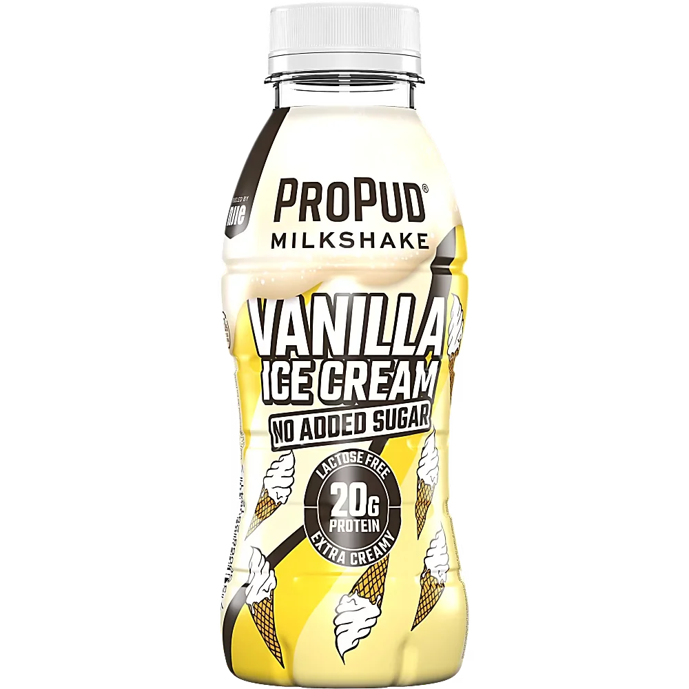 Ett 8-pack med Propud Milkshake Vanilla i 330 milliliters flaskor med proteinrik och laktosfri milkshake med smak av klassisk vanilj.