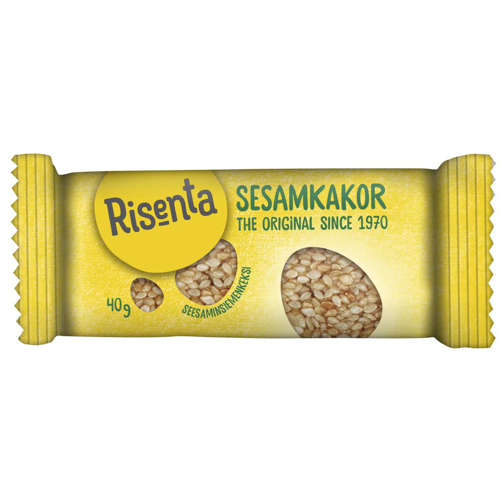 Ett 24-pack med Risenta Sesamkakor i 40 grams portionsförpackningar gjorda på krispiga sesamfrön och honung.