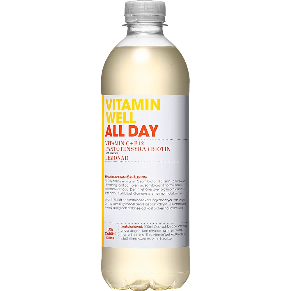 Ett 12-pack med Vitamin Well All Day i 50 centiliters plastflaskor innehållande en kolsyrefri funktionsdryck med smak av vattenmelon.