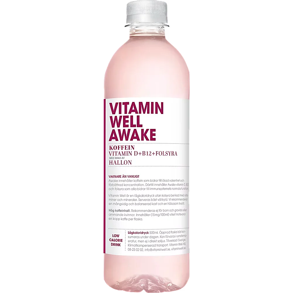 Ett 12-pack med Vitamin Well Awake i 50 centiliters plastflaskor innehållande en kolsyrefri, koffeinberikad funktionsdryck med smak av hallon.