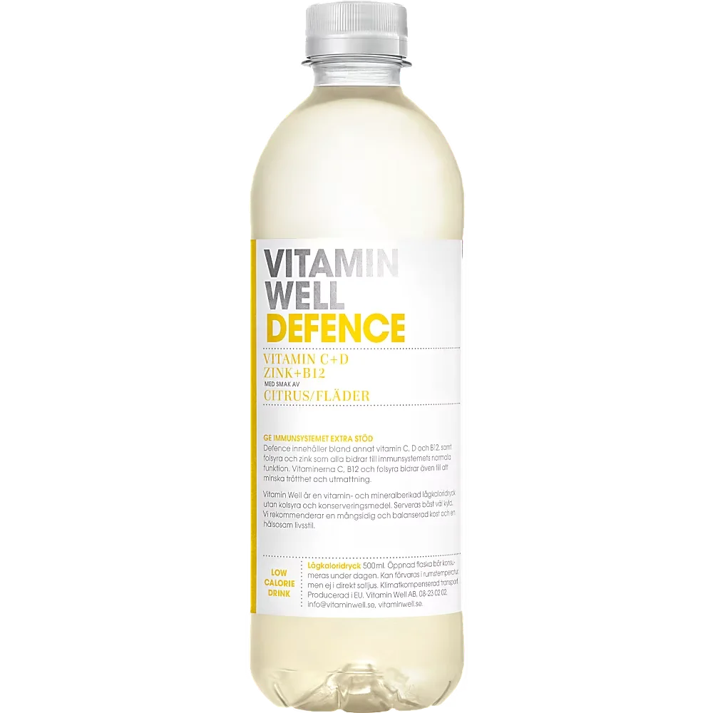 Ett 12-pack med Vitamin Well Defence i 50 centiliters plastflaskor innehållande en kolsyrefri funktionsdryck med smak av citrus och fläder.