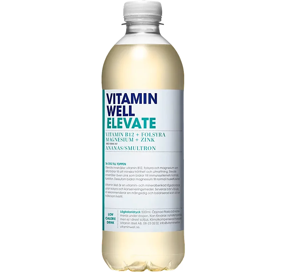 Ett 12-pack med Vitamin Well Elevate i 50 centiliters plastflaskor innehållande en kolsyrefri funktionsdryck med smak av ananas och bär.