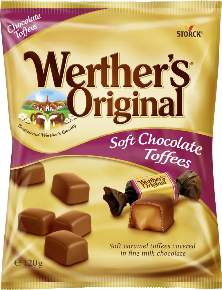 En påse Werther's Original Soft Chocolate Toffees på 125 gram med individuellt inslagna mjuka chokladkolor.